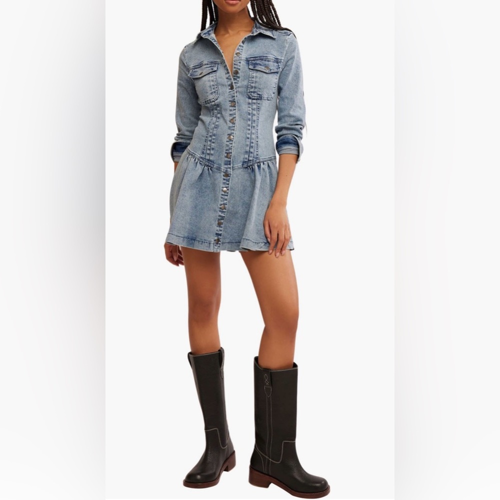 Free People- Roadhouse Mini Denim Button-Down Shirt Dress